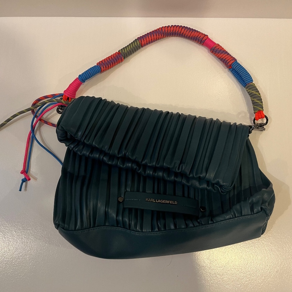 Karl Lagerfeld Teal Pleated Faux Leather K/Kushion Fold Over